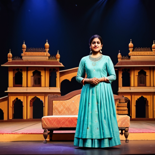 Home 18 **
"A professional Hindi theater actress in modest traditional attire, performing on a stage with a detailed backdrop depicting a classic Indian play, fully clothed, appropriate content, safe for work, perfect anatomy, natural proportions, dramatic lighting, professional stage photography, family-friendly."
**