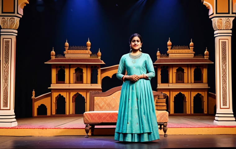**

"A professional Hindi theater actress in modest traditional attire, performing on a stage with a detailed backdrop depicting a classic Indian play, fully clothed, appropriate content, safe for work, perfect anatomy, natural proportions, dramatic lighting, professional stage photography, family-friendly."

**
