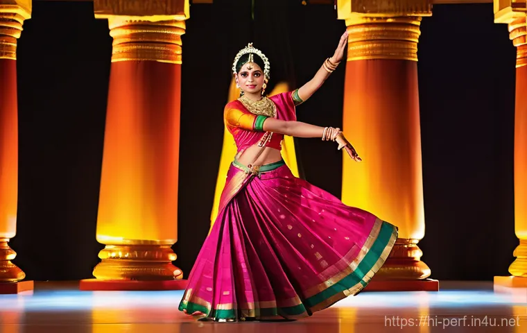 공연예술과 기술 융합 - **Prompt 1: Dynamic Bharatanatyam with Digital Projections**
    A graceful female Bharatanatyam dan...