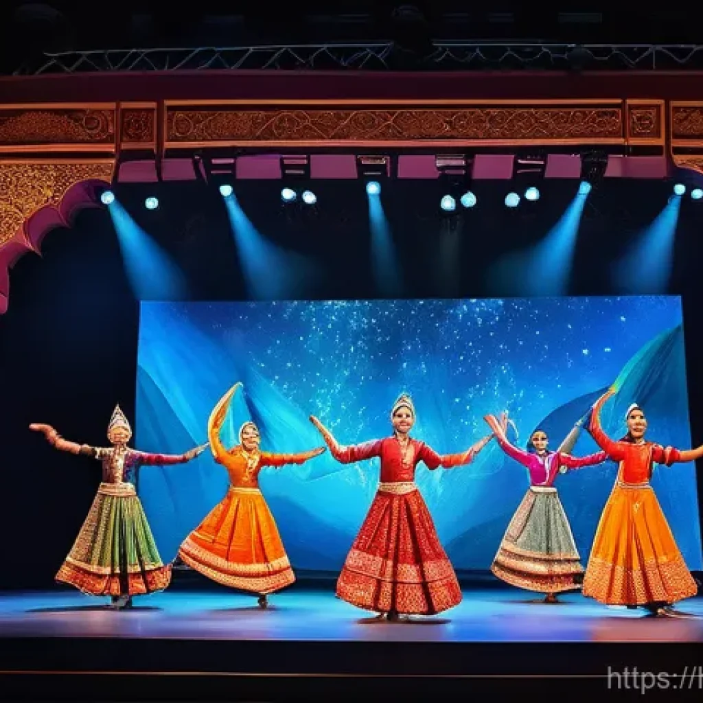 공연예술과 브랜드 협업 - **A Grand Cultural Fusion Performance Sponsored by a Modern Brand:**
"A vibrant, wide-angle shot...