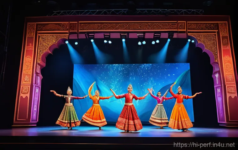 공연예술과 브랜드 협업 - **A Grand Cultural Fusion Performance Sponsored by a Modern Brand:**
    "A vibrant, wide-angle shot...