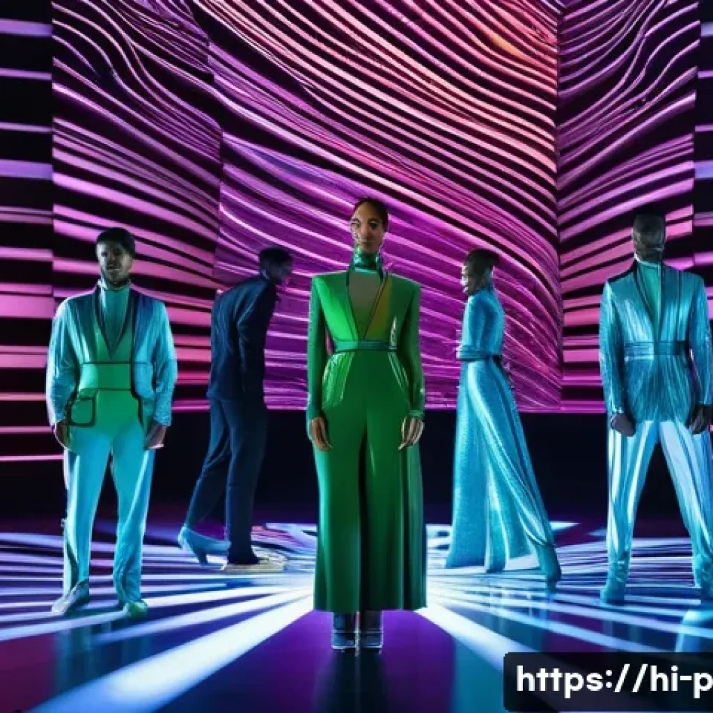 공연예술과 미디어 융합 - A dynamic stage performance where a group of diverse dancers, dressed in elegant, modern costumes (n...