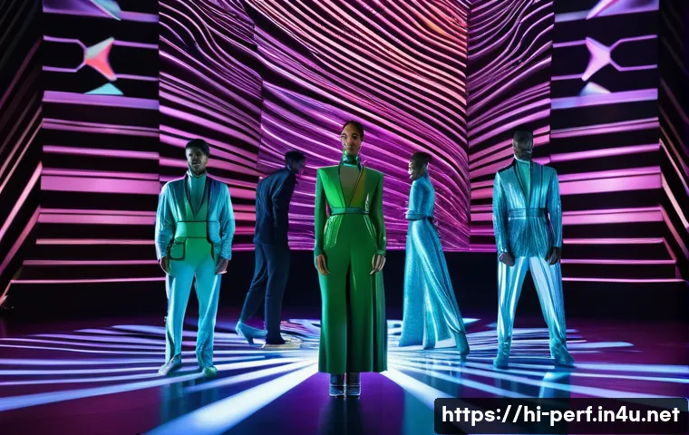 공연예술과 미디어 융합 - A dynamic stage performance where a group of diverse dancers, dressed in elegant, modern costumes (n...