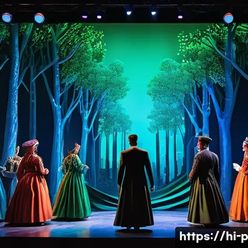 연극 무대 기술 - **"A grand theatrical stage transformed by advanced LED lighting and intricate projection mapping. T...