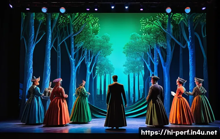 연극 무대 기술 - **"A grand theatrical stage transformed by advanced LED lighting and intricate projection mapping. T...