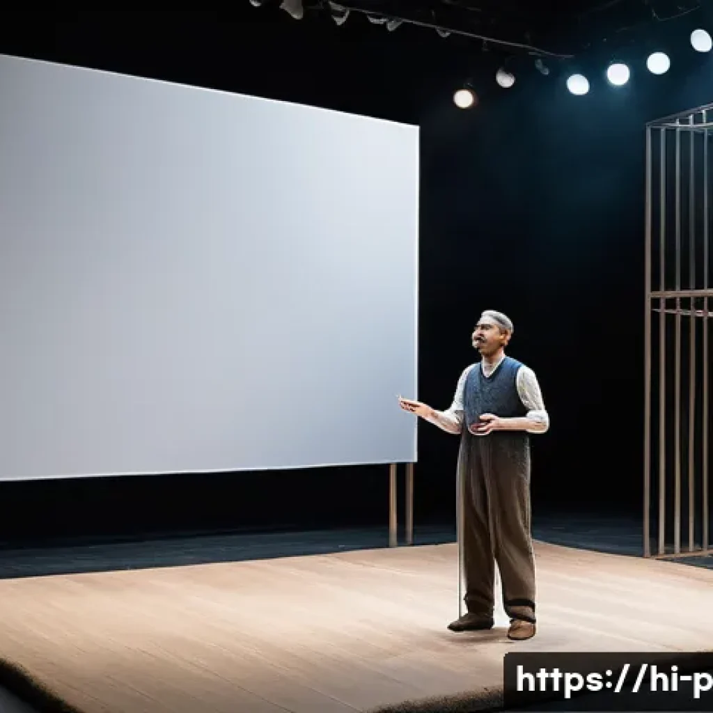 브레히트 연극 기법 - A contemporary theatrical stage scene inspired by Brecht&rsquo;s epic theatre, featuring minimalist stage ...