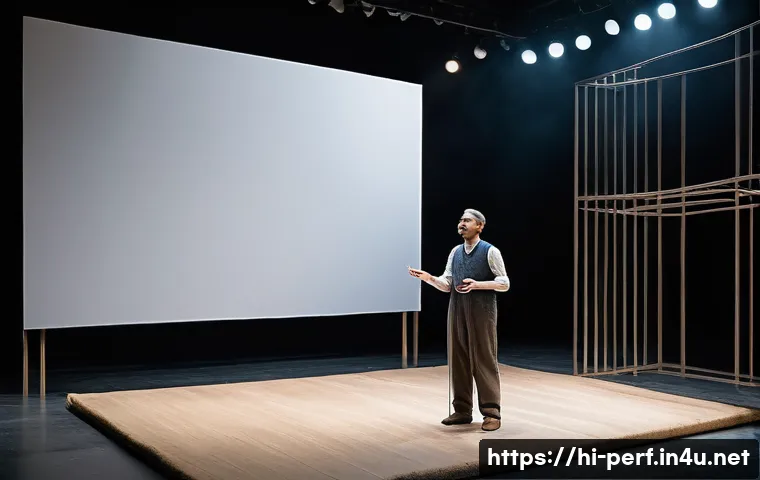 브레히트 연극 기법 - A contemporary theatrical stage scene inspired by Brecht&rsquo;s epic theatre, featuring minimalist stage ...