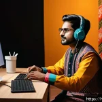 Home 18 공연예술의 마케팅 전략 - A vibrant digital artist’s workspace showcasing a young Indian performing artist preparing for a liv...