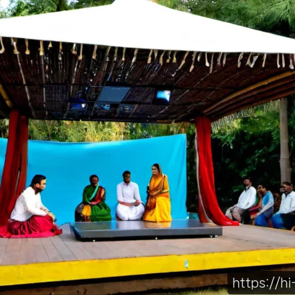공연예술과 환경 지속 가능성 - Photorealistic outdoor performance stage in a lush Indian community garden at golden hour, Hindi cul...