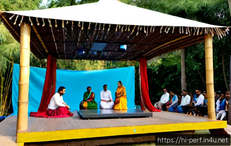 공연예술과 환경 지속 가능성 - Photorealistic outdoor performance stage in a lush Indian community garden at golden hour, Hindi cul...